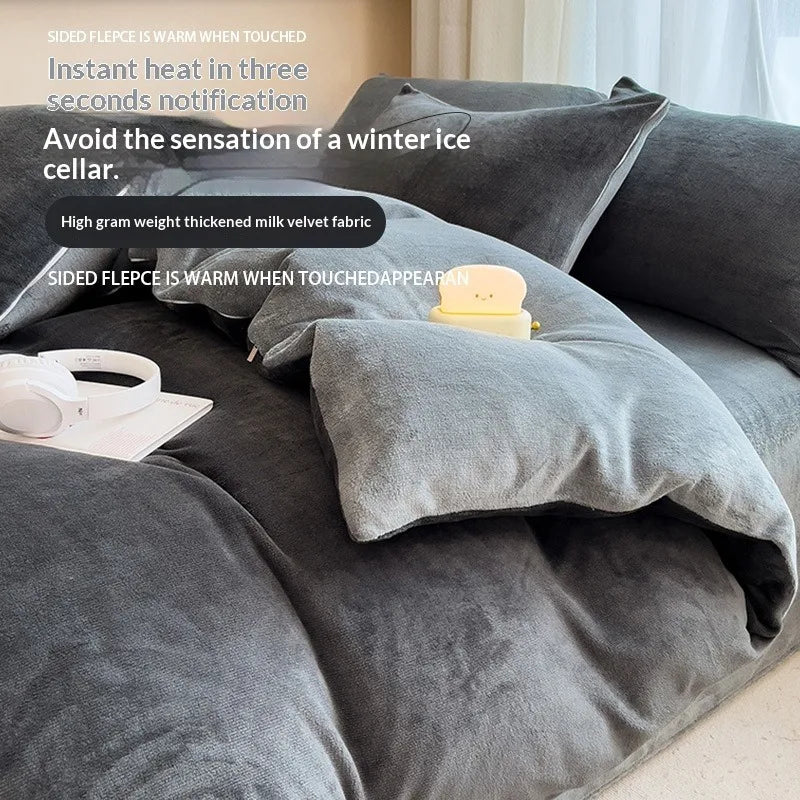 4Pcs Autumn Winter Milk Fleece Bedding Set Thickened Double Sided Coral Fleece Duvet Cover Flannel Sheet Home