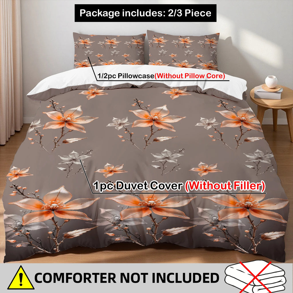 3PCS Duvet Cover Set Warm Orenge Flowers Branches Printed Duvet Cover With Pillowcases Single Twin Queen Size Bedding Set