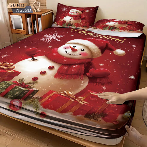 3pcs Christmas Snowman Red Printed Chipless Bed Sheet Set Multi Size Soft Bed Cover Bedroom Bedding Decoration Machine Washable