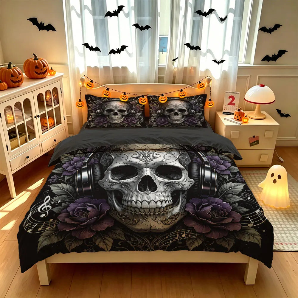 3pcs(1 duvet cover + 2 pillowcases, coreless)with skull-head and purple flower music-themed bedding set,in multiple sizes