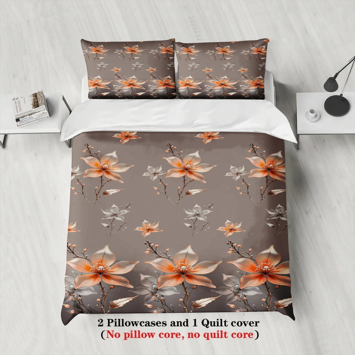 3PCS Duvet Cover Set Warm Orenge Flowers Branches Printed Duvet Cover With Pillowcases Single Twin Queen Size Bedding Set