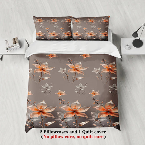 3PCS Duvet Cover Set Warm Orenge Flowers Branches Printed Duvet Cover With Pillowcases Single Twin Queen Size Bedding Set