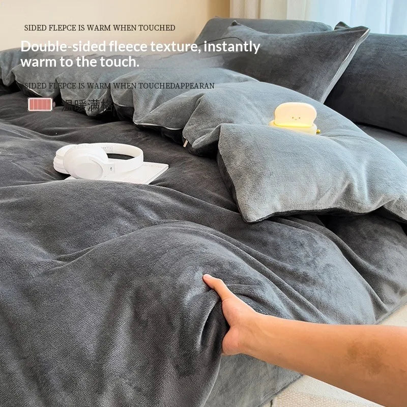4Pcs Autumn Winter Milk Fleece Bedding Set Thickened Double Sided Coral Fleece Duvet Cover Flannel Sheet Home
